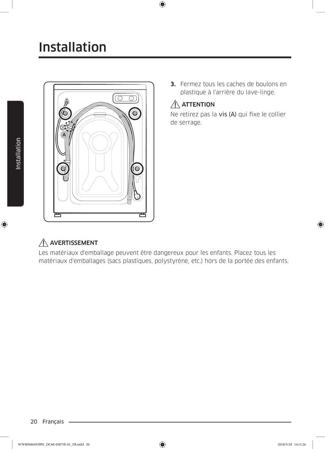 Samsung WW80M645OCW/EF, WW80M645OBX/EF, WW80M645OBW/EF, WW90M645OBX/EF manual Avertissement 