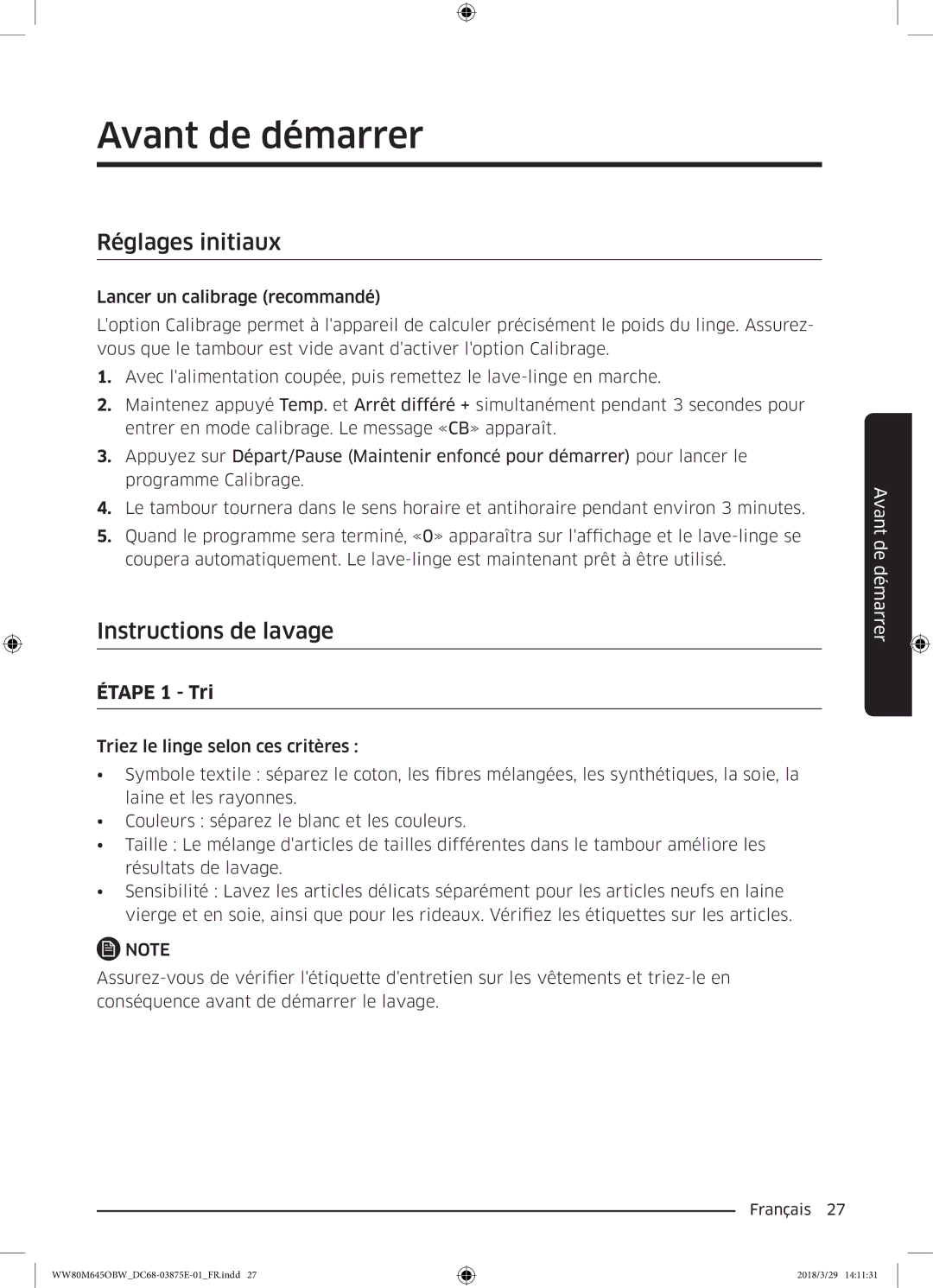 Samsung WW90M645OBX/EF, WW80M645OCW/EF, WW80M645OBX/EF manual Avant de démarrer, Réglages initiaux, Instructions de lavage 