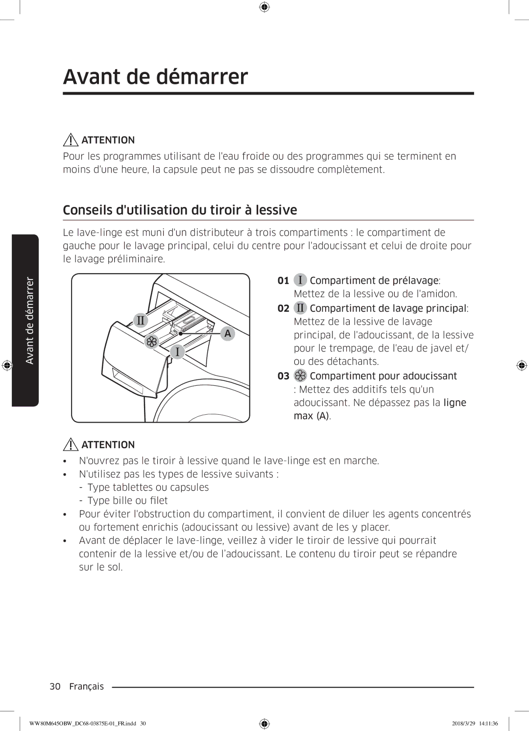 Samsung WW80M645OBW/EF, WW80M645OCW/EF, WW80M645OBX/EF, WW90M645OBX/EF manual Conseils dutilisation du tiroir à lessive 