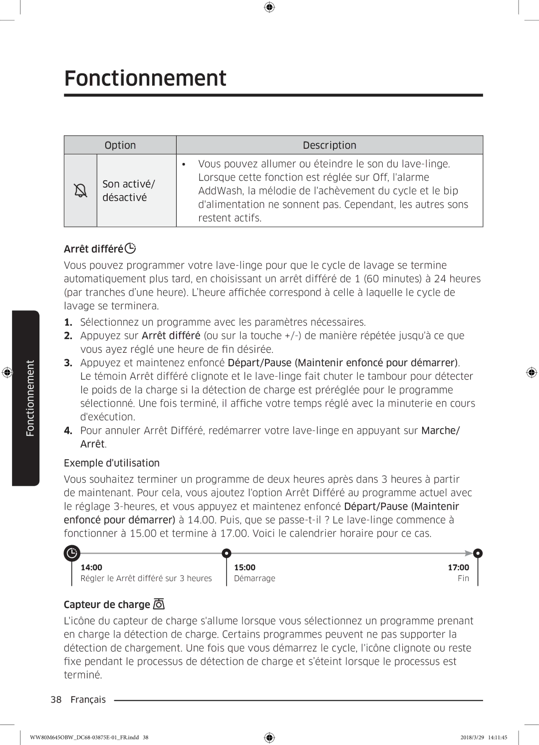 Samsung WW80M645OBW/EF, WW80M645OCW/EF, WW80M645OBX/EF, WW90M645OBX/EF manual Fonctionnement 