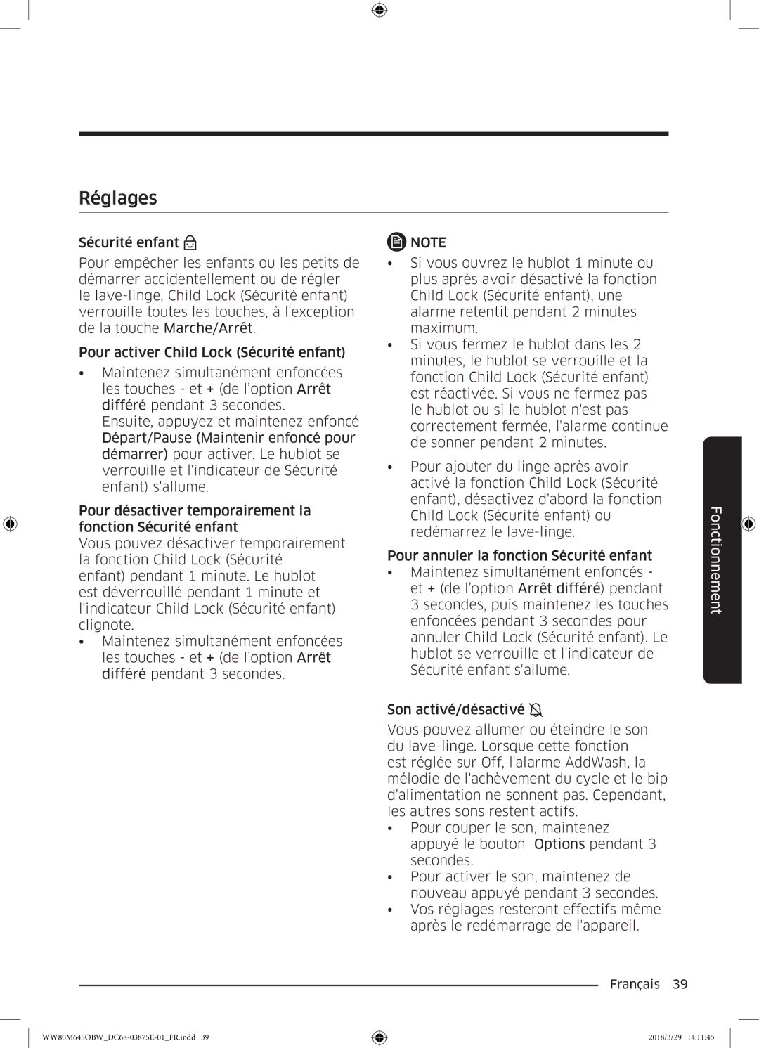 Samsung WW90M645OBX/EF, WW80M645OCW/EF, WW80M645OBX/EF, WW80M645OBW/EF manual Réglages 