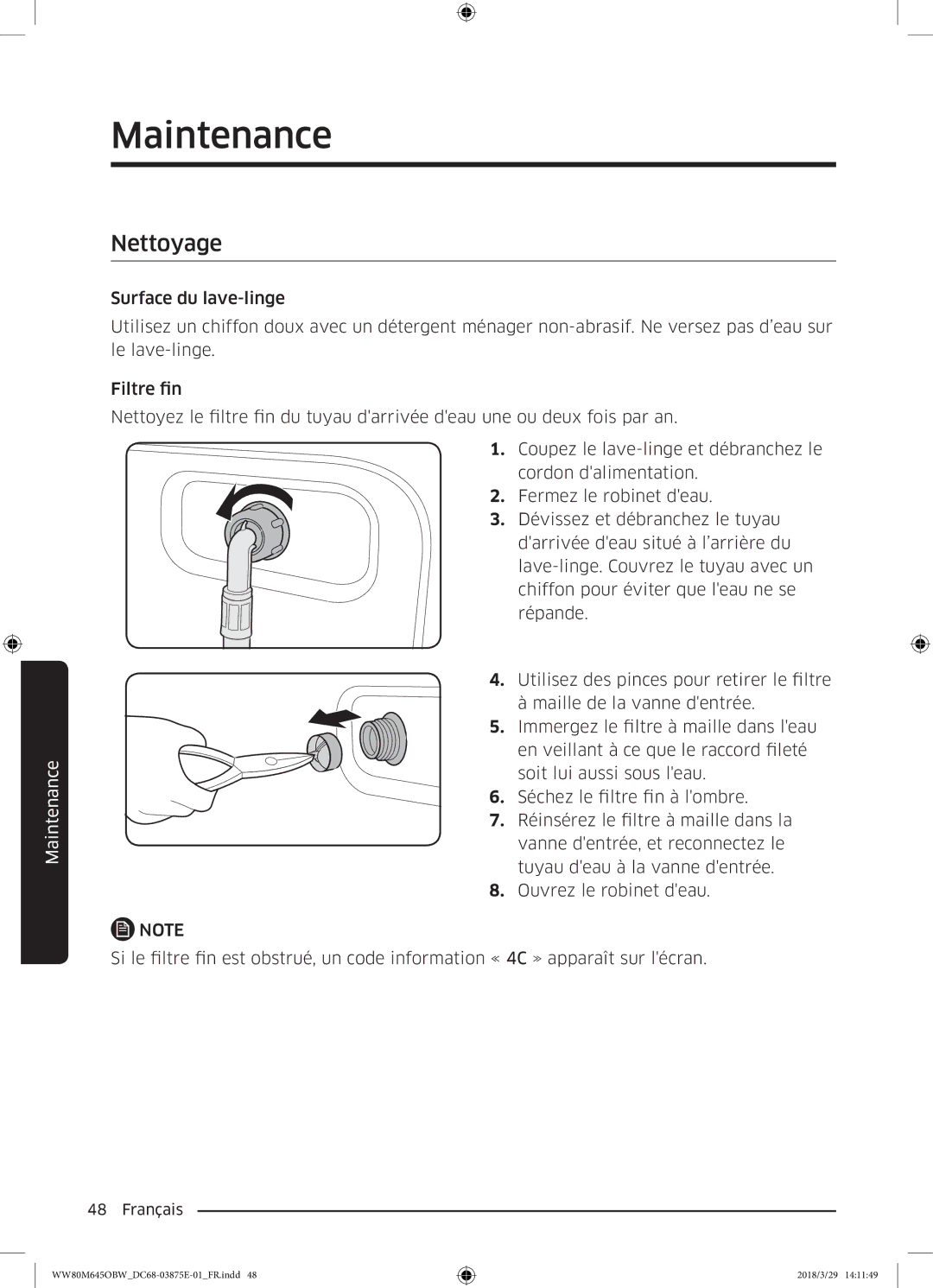 Samsung WW80M645OCW/EF, WW80M645OBX/EF, WW80M645OBW/EF, WW90M645OBX/EF manual Nettoyage 