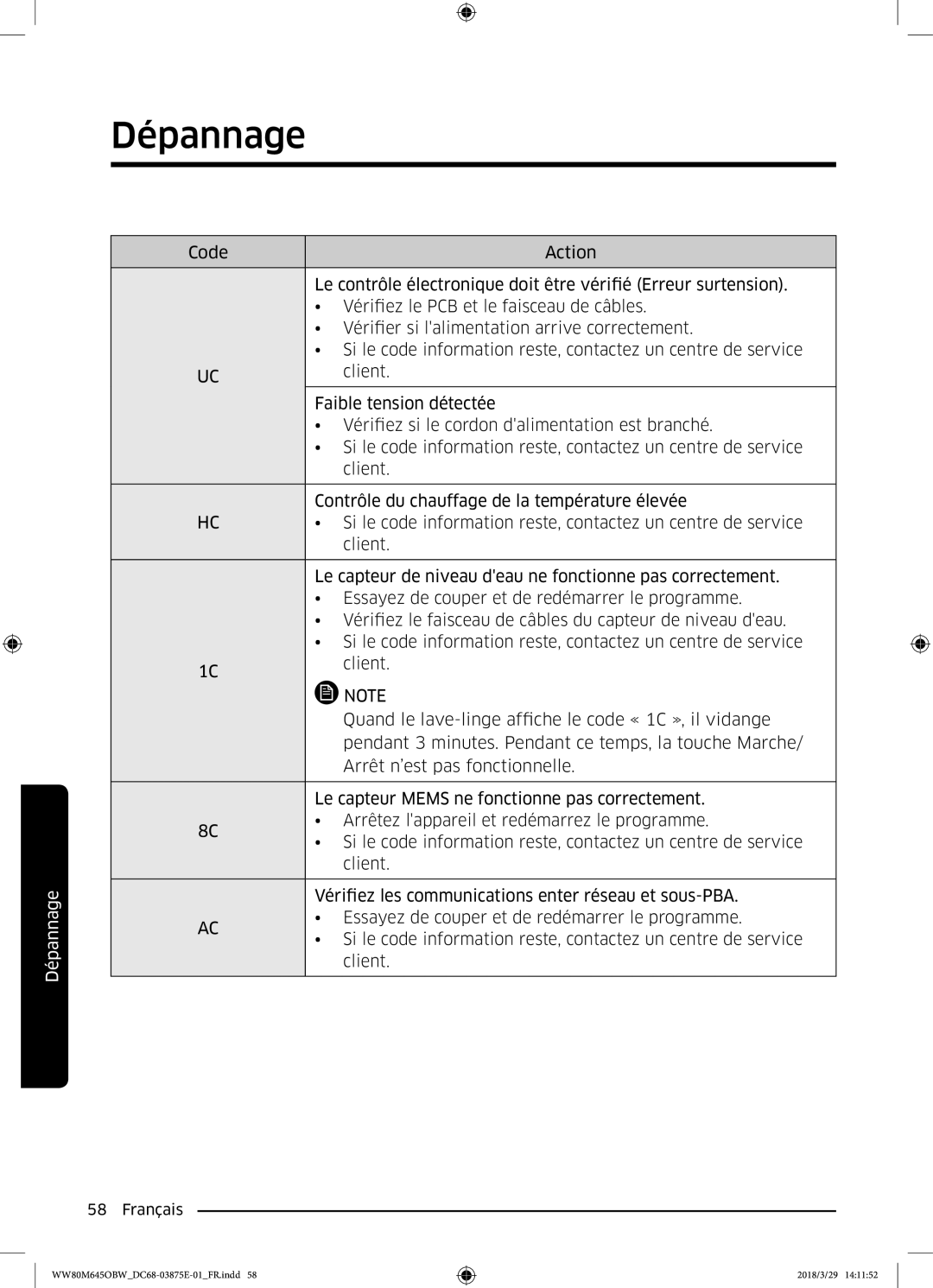 Samsung WW80M645OBW/EF, WW80M645OCW/EF, WW80M645OBX/EF, WW90M645OBX/EF manual Dépannage 