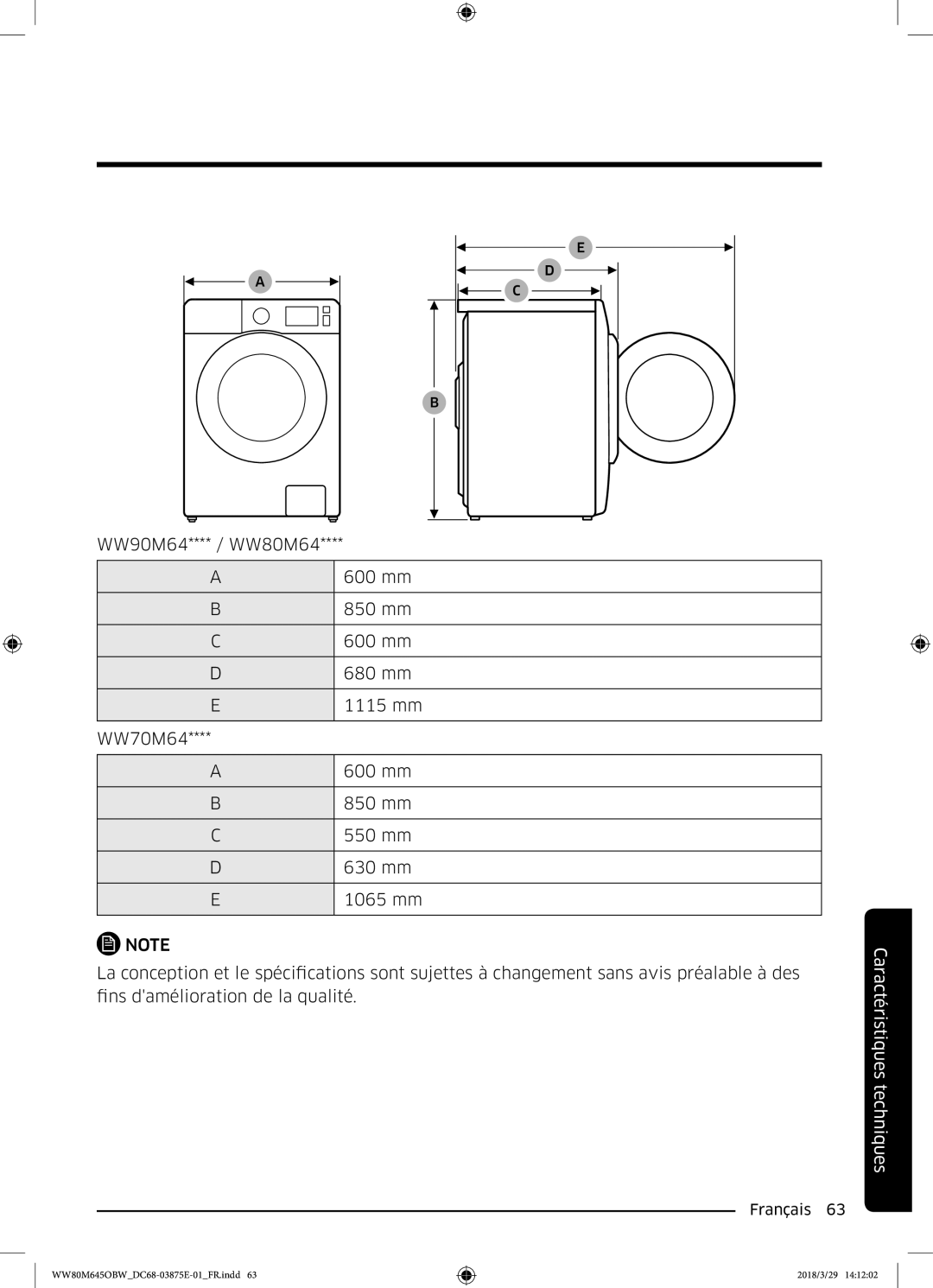 Samsung WW90M645OBX/EF, WW80M645OCW/EF, WW80M645OBX/EF, WW80M645OBW/EF manual Caractéristiques techniques 