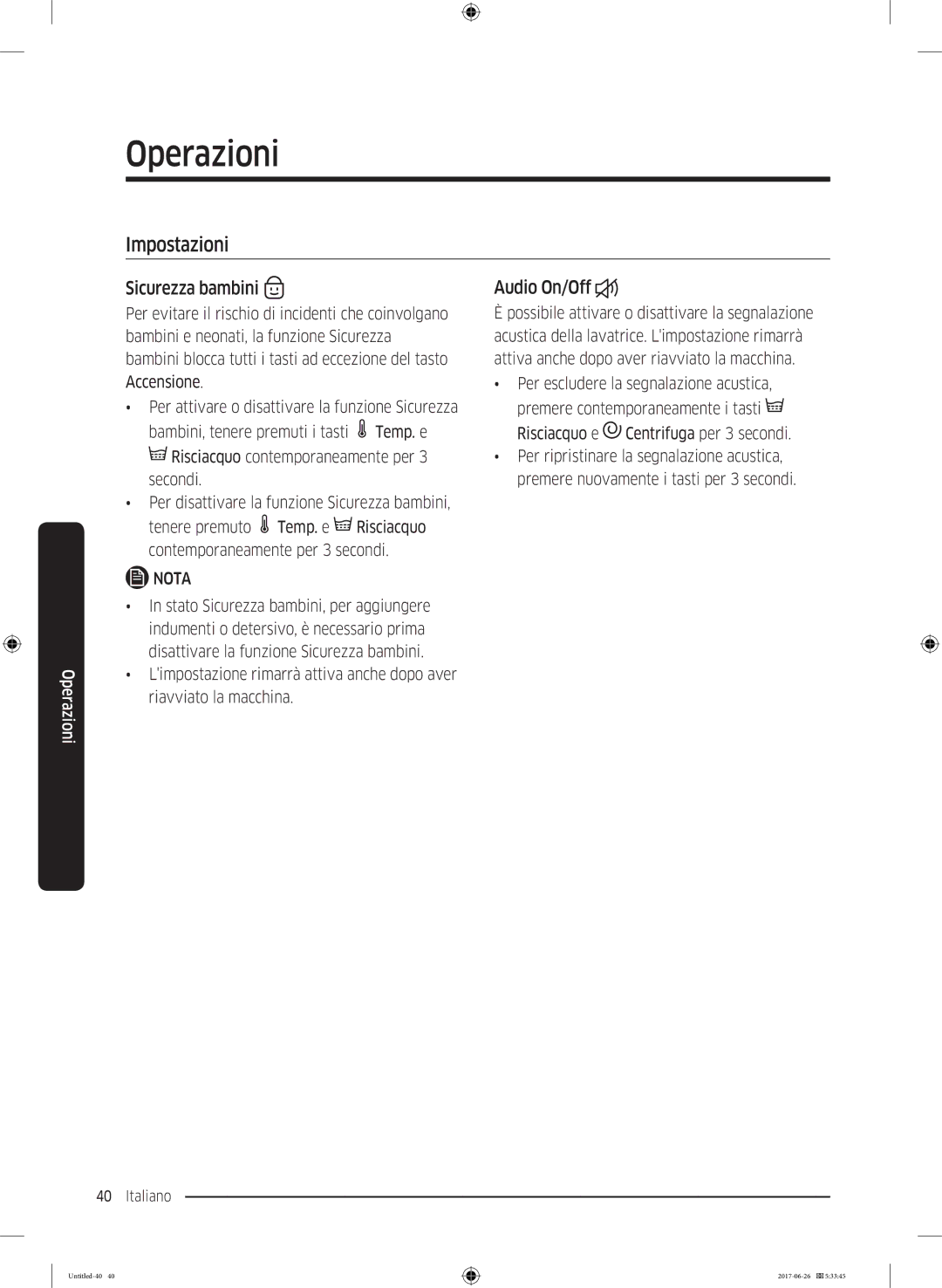 Samsung WW82J5246FW/ET, WW81J5446EW/ET, WW90J5356MW/ET, WW90J5426FW/ET manual Impostazioni, Sicurezza bambini, Audio On/Off 