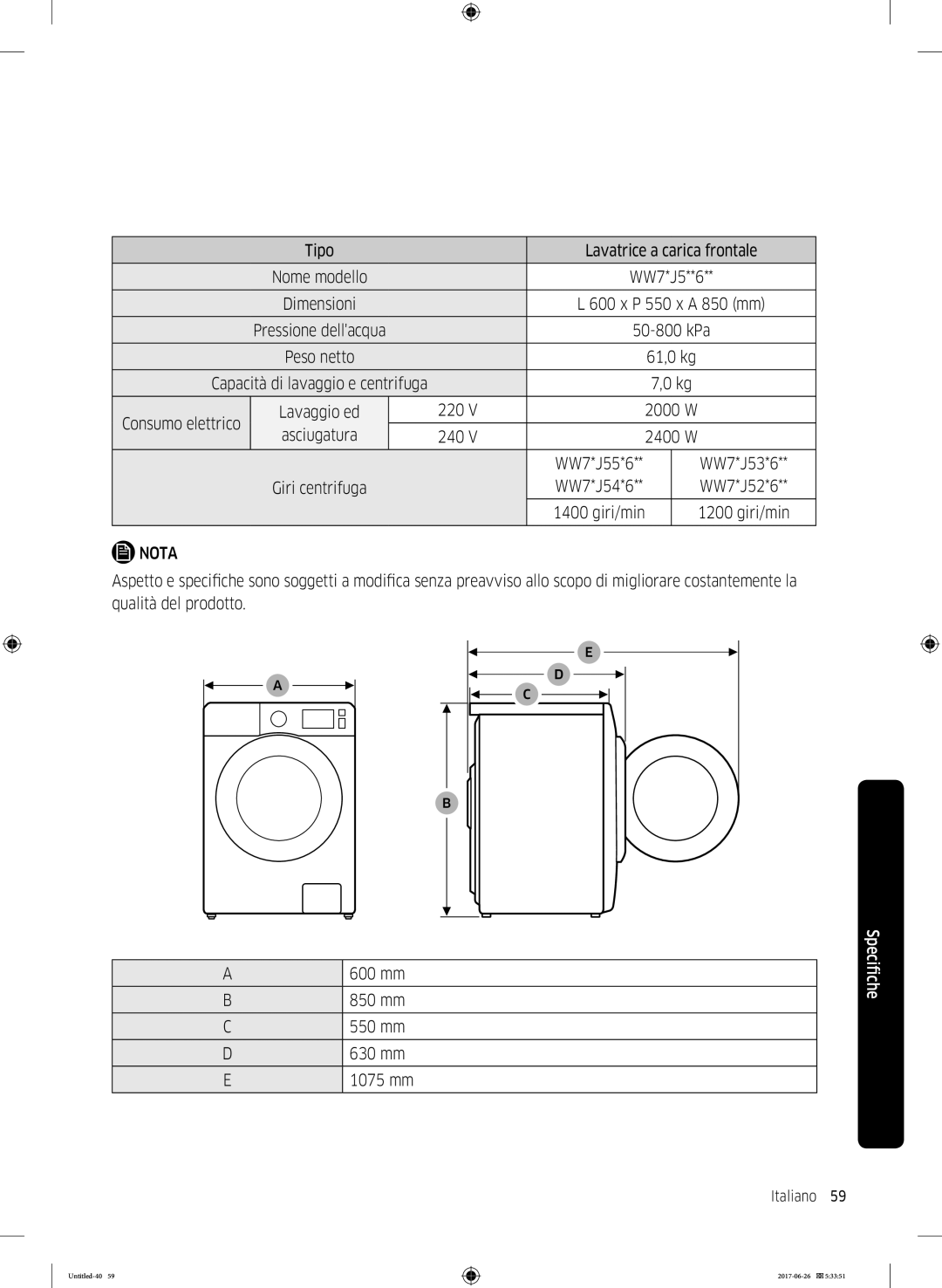 Samsung WW90J5426FW/ET, WW82J5246FW/ET, WW81J5446EW/ET, WW90J5356MW/ET Capacità di lavaggio e centrifuga Consumo elettrico 