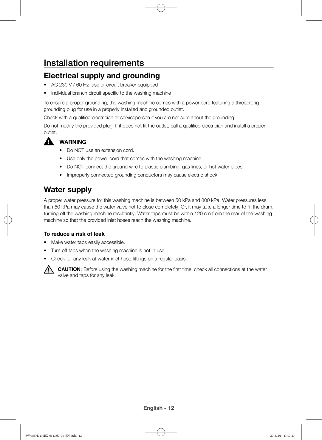 Samsung WW85H7410EX/YL manual Installation requirements, Electrical supply and grounding 