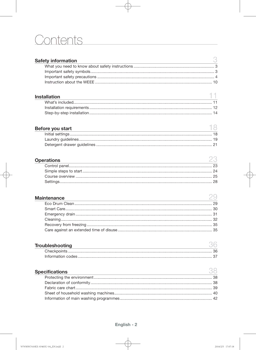 Samsung WW85H7410EX/YL manual Contents 