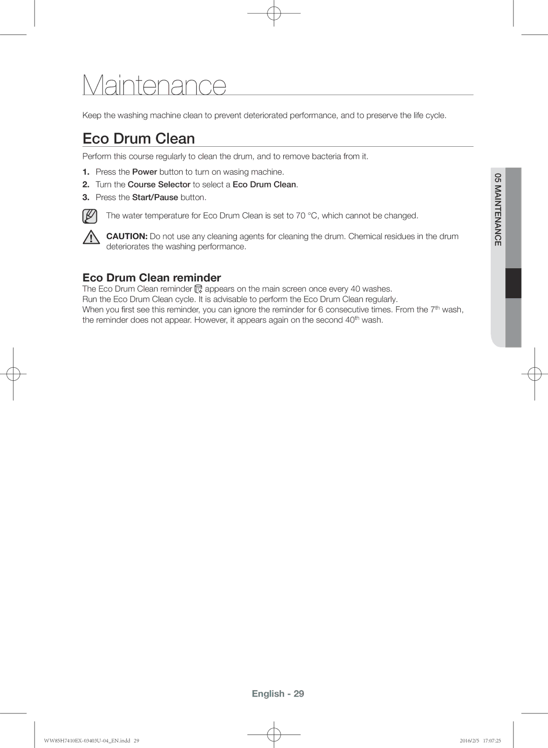 Samsung WW85H7410EX/YL manual Maintenance, Eco Drum Clean reminder 