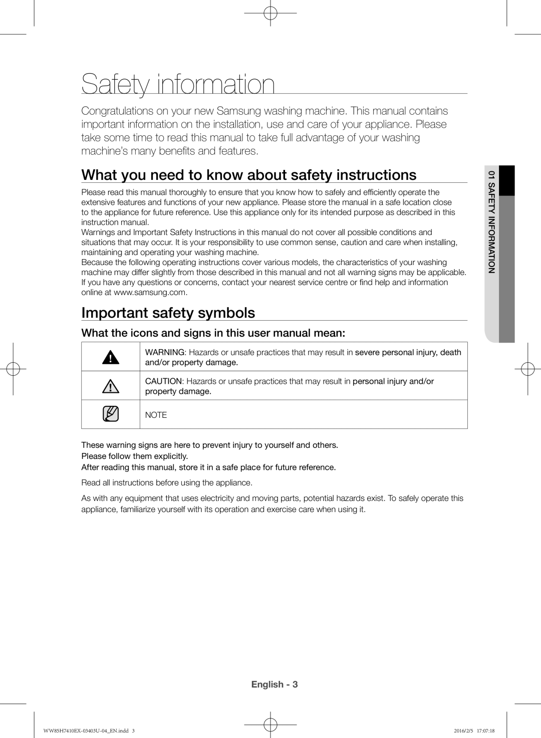 Samsung WW85H7410EX/YL manual Safety information 