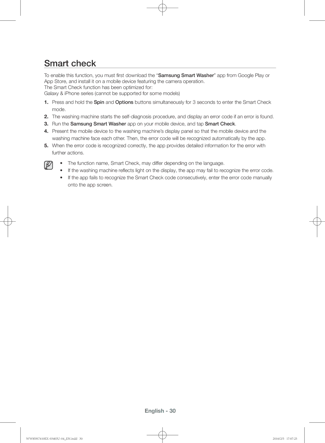 Samsung WW85H7410EX/YL manual Smart check 