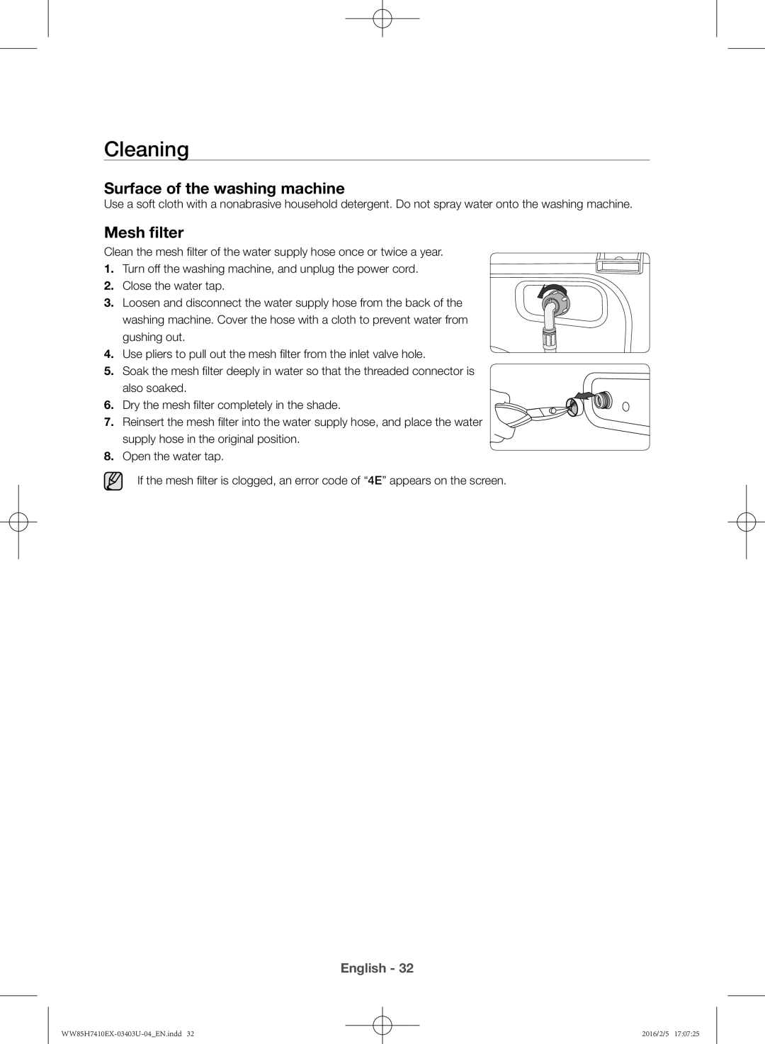 Samsung WW85H7410EX/YL manual Cleaning, Surface of the washing machine, Mesh filter 