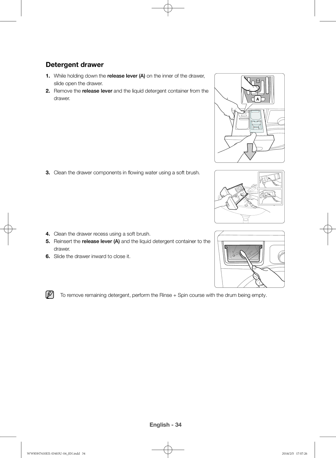 Samsung WW85H7410EX/YL manual Detergent drawer, Drawer 