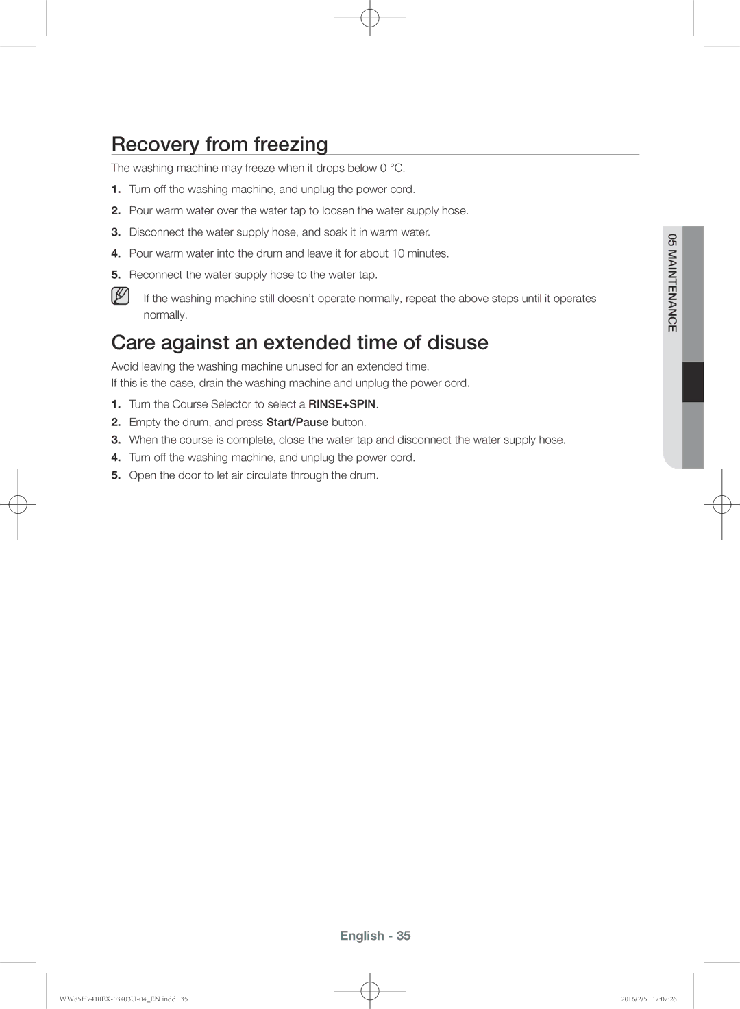 Samsung WW85H7410EX/YL manual Recovery from freezing, Care against an extended time of disuse 