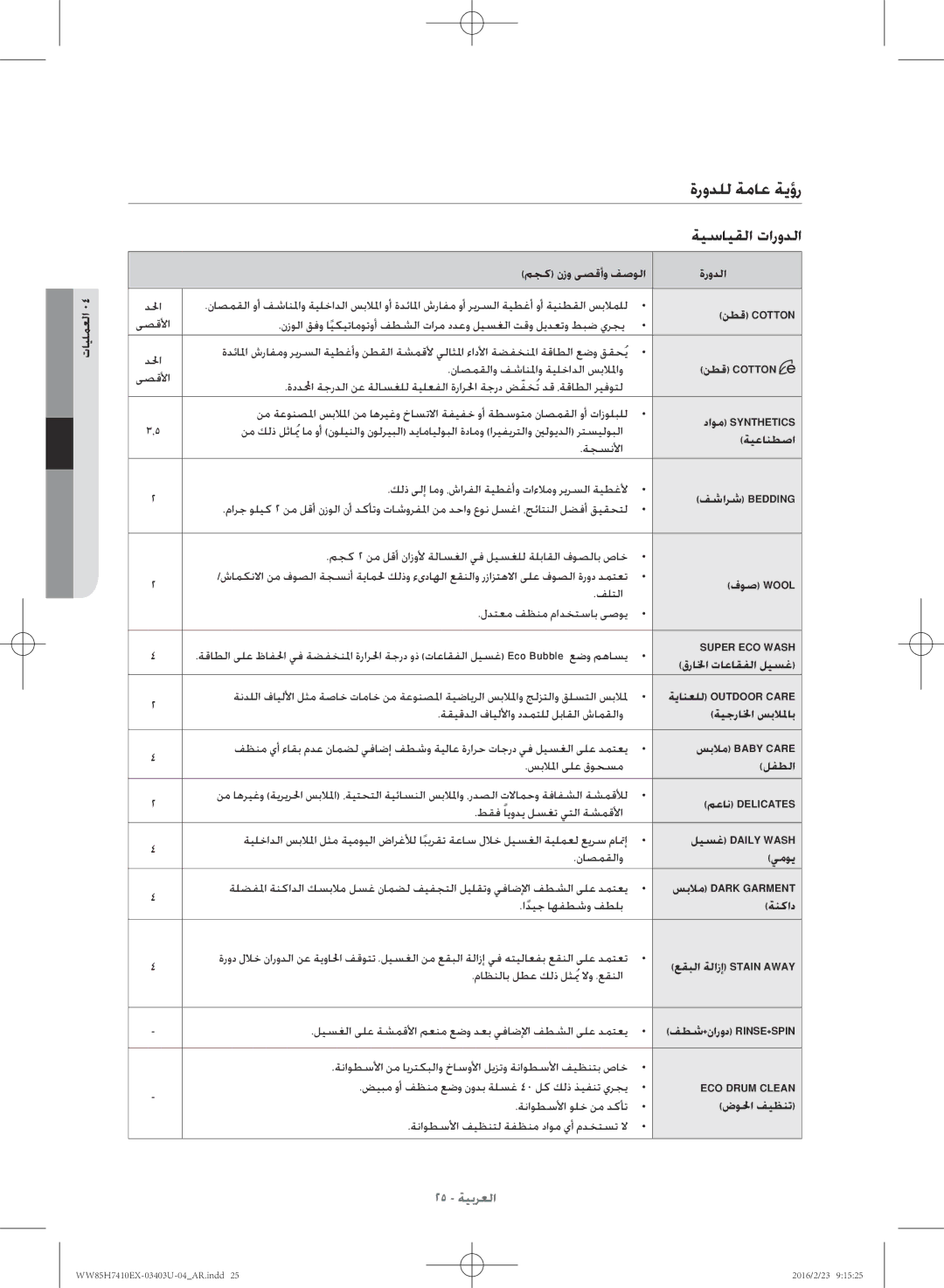 Samsung WW85H7410EX/YL manual ةرودلل ةماع ةيؤر, ةيسايقلا تارودلا 