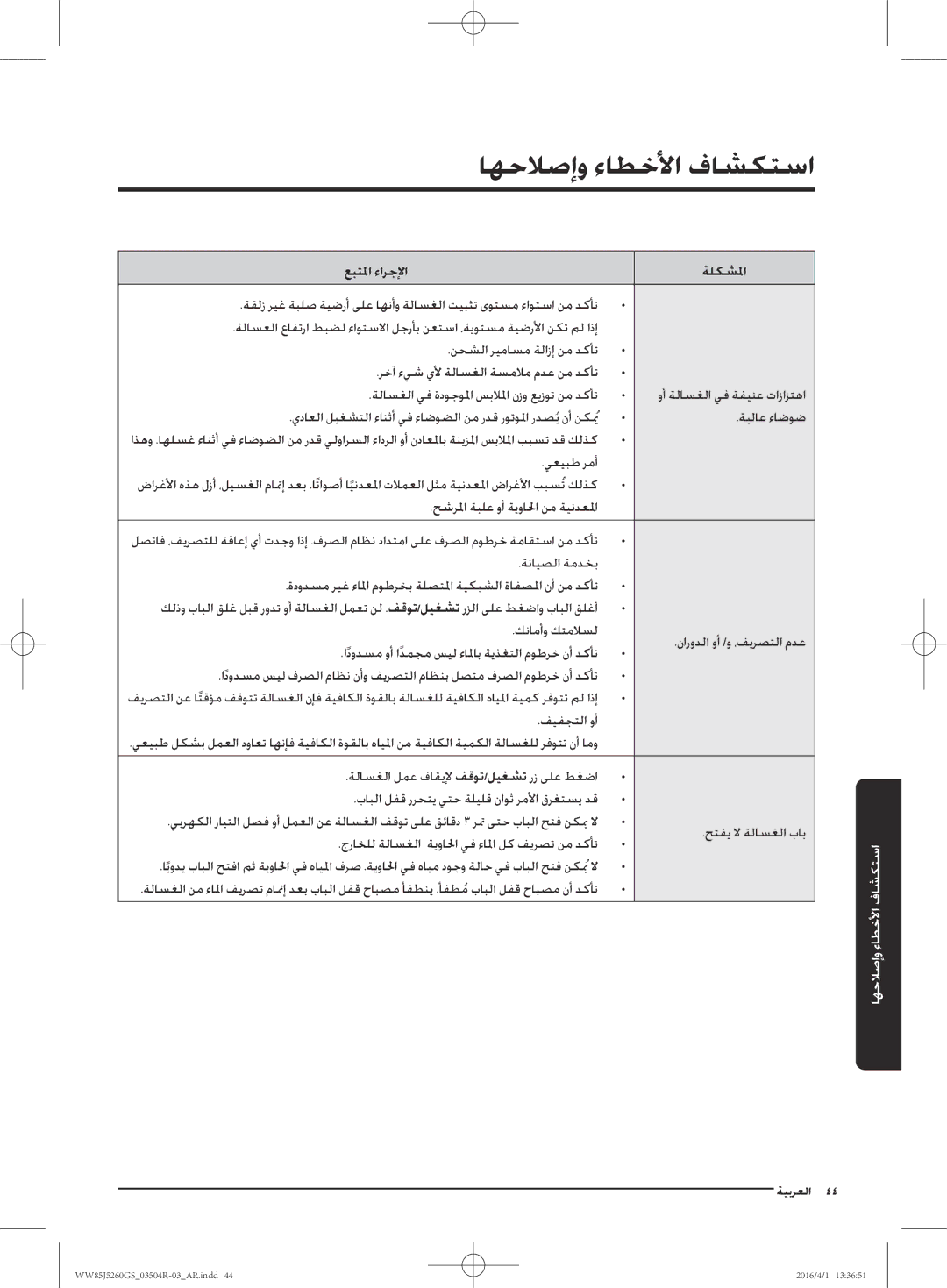 Samsung WW85J5260GS/YL manual استكشافو الأخطأاء وإصلاح, يعيبط رمأ 