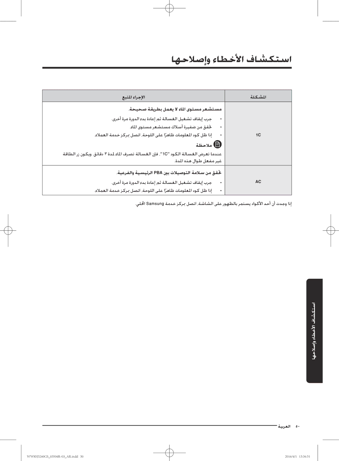 Samsung WW85J5260GS/YL manual استكشافو الأخطأاء وإصلاح 