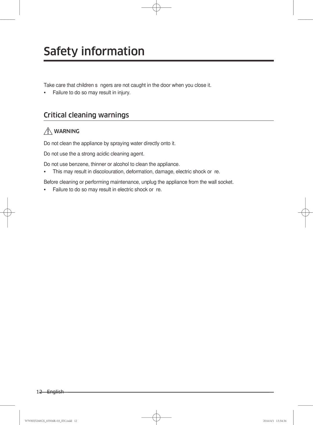 Samsung WW85J5260GS/YL manual Critical cleaning warnings 