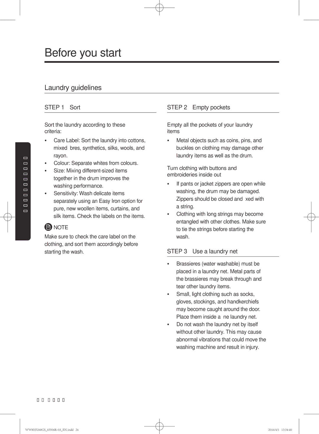 Samsung WW85J5260GS/YL manual Laundry guidelines, Sort 