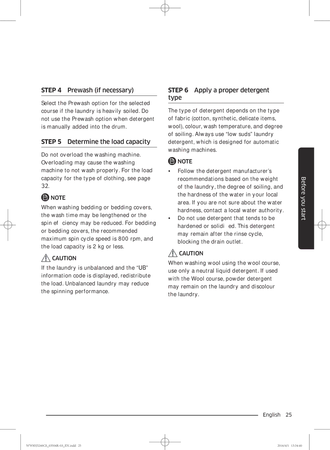 Samsung WW85J5260GS/YL manual Prewash if necessary 