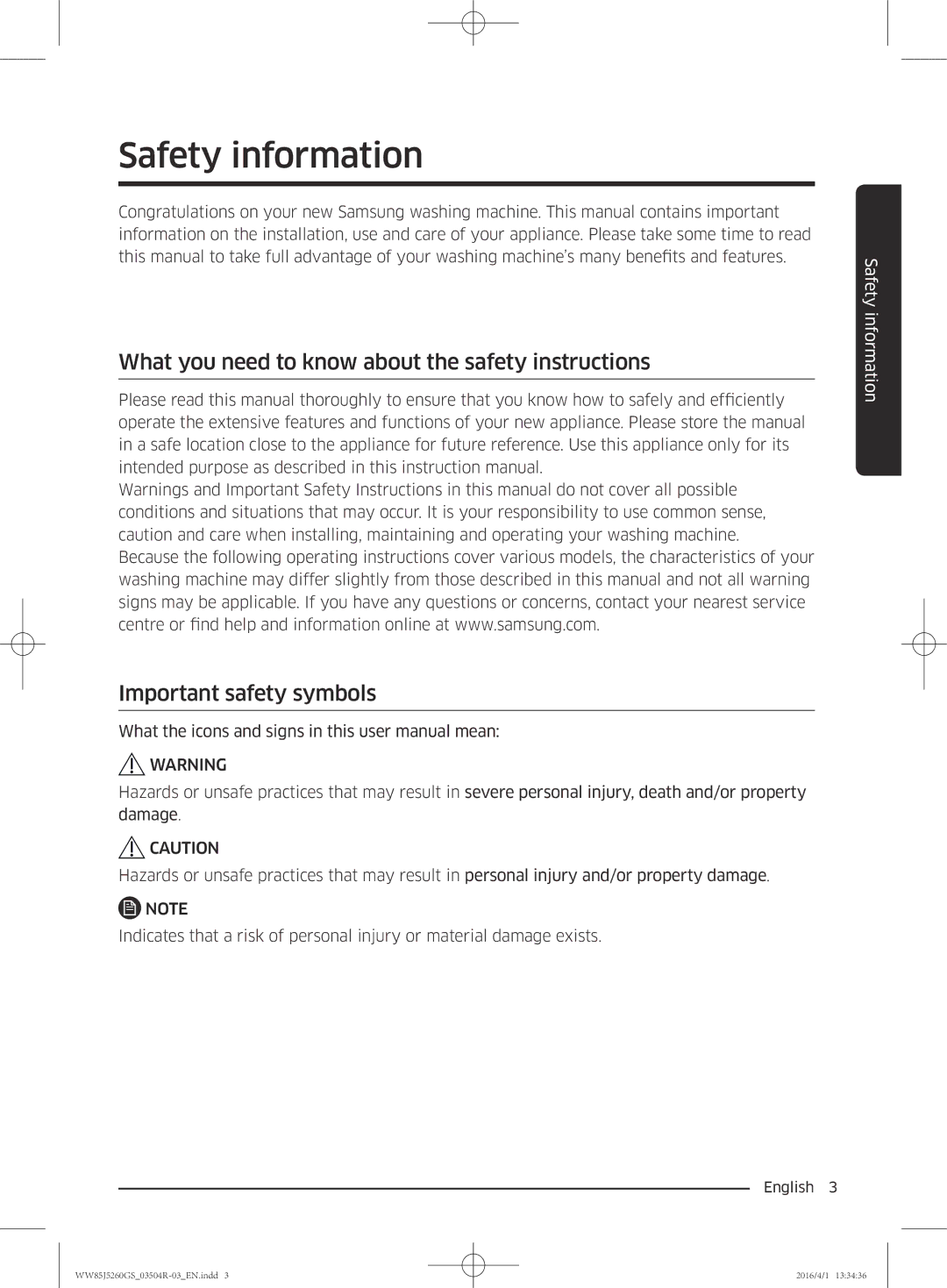 Samsung WW85J5260GS/YL manual Safety information 