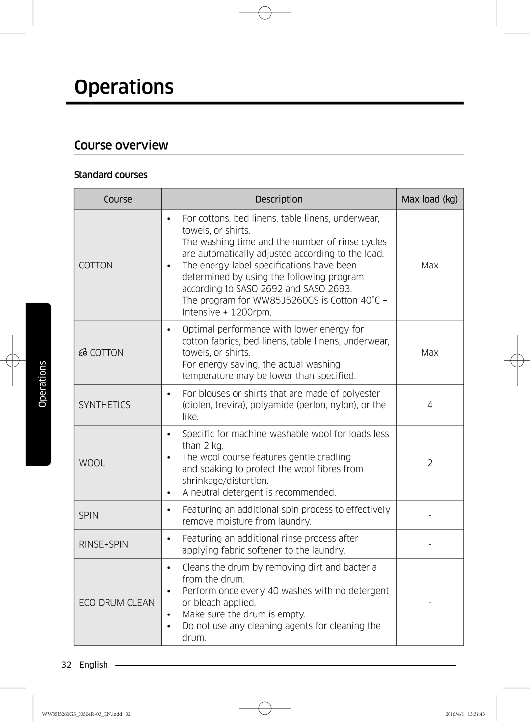 Samsung WW85J5260GS/YL manual Course overview, Cotton 