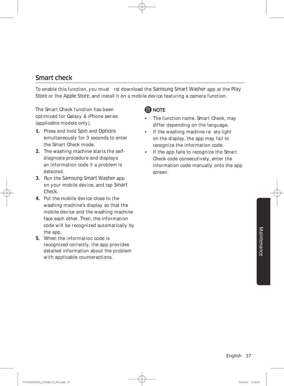 Samsung WW85J5260GS/YL manual Smart check 