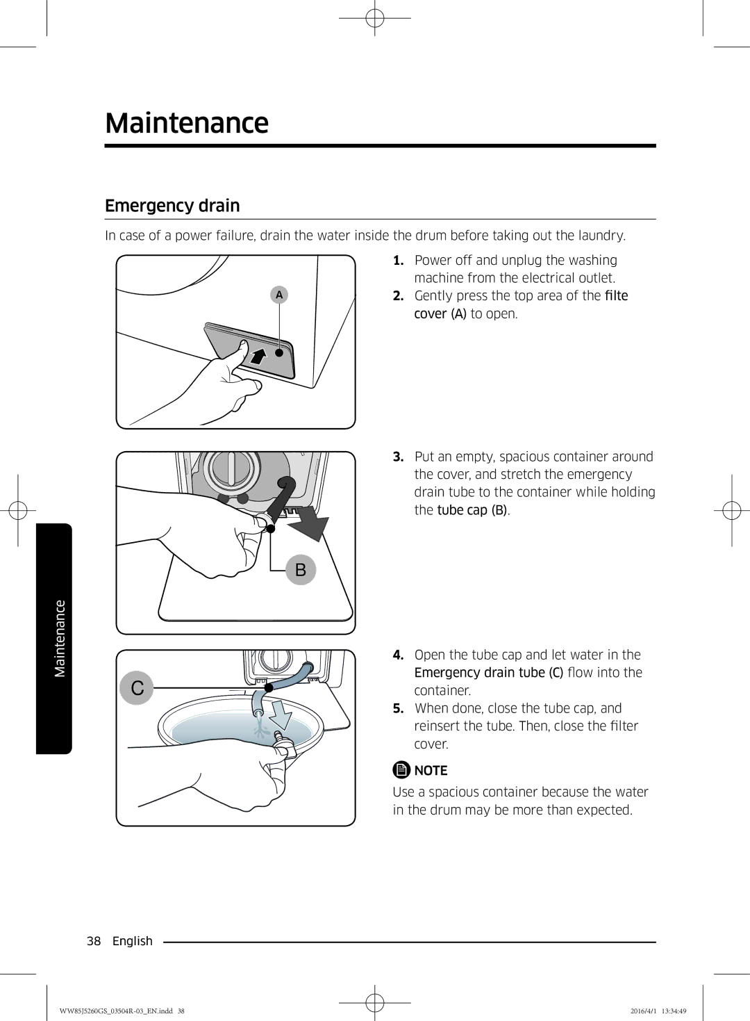 Samsung WW85J5260GS/YL manual Emergency drain 