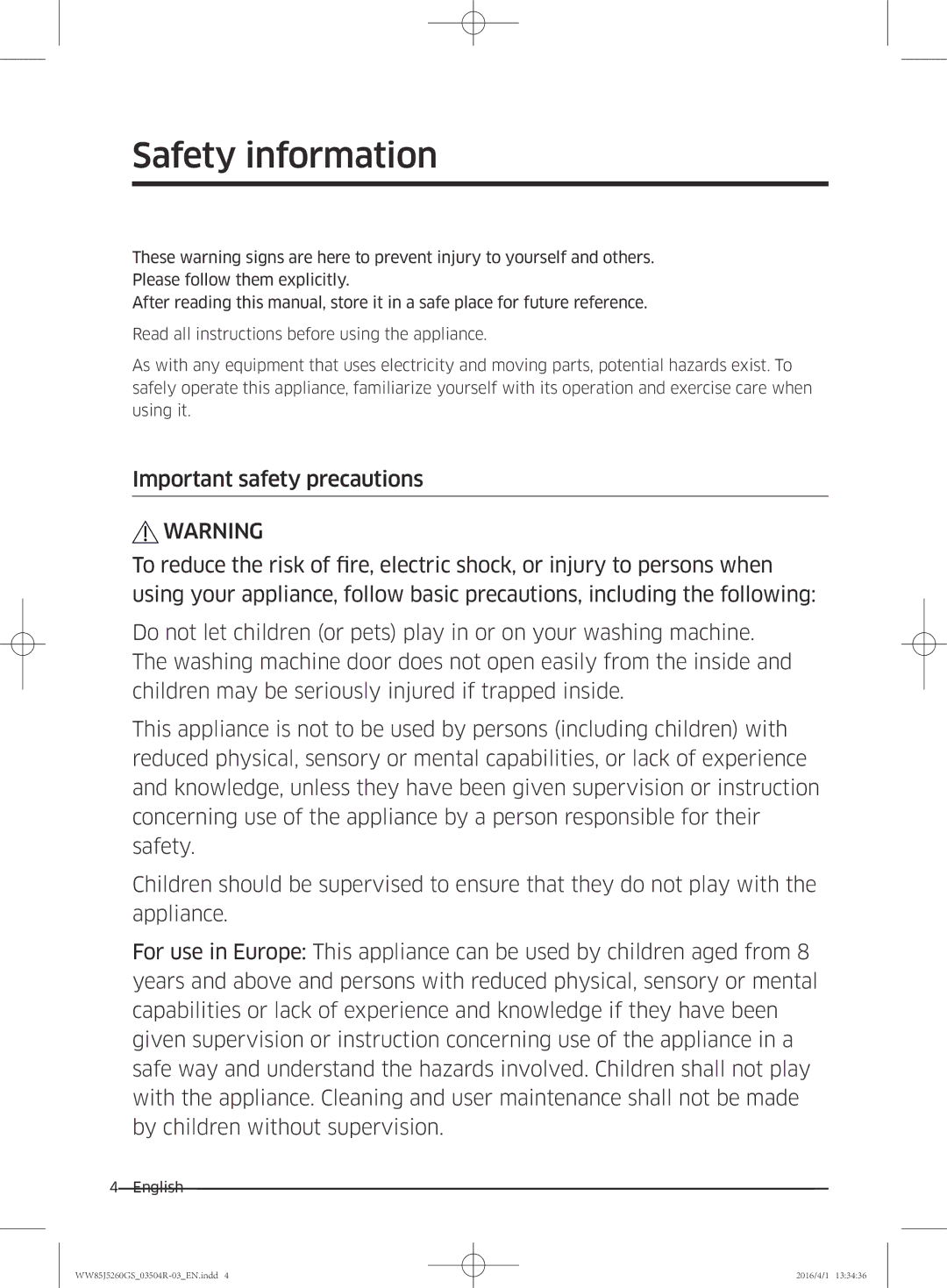 Samsung WW85J5260GS/YL manual Safety information 