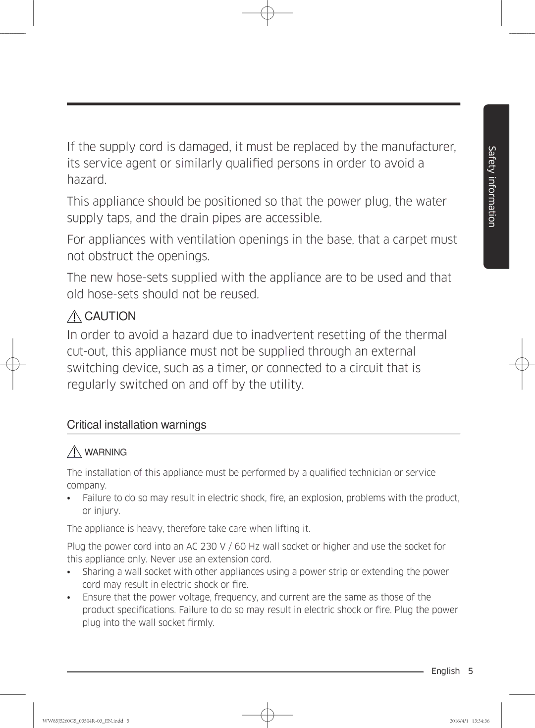 Samsung WW85J5260GS/YL manual Safety information 