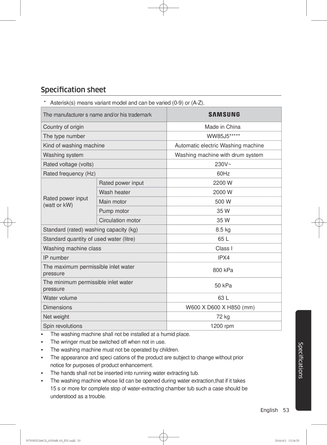 Samsung WW85J5260GS/YL manual Specification sheet, IPX4 