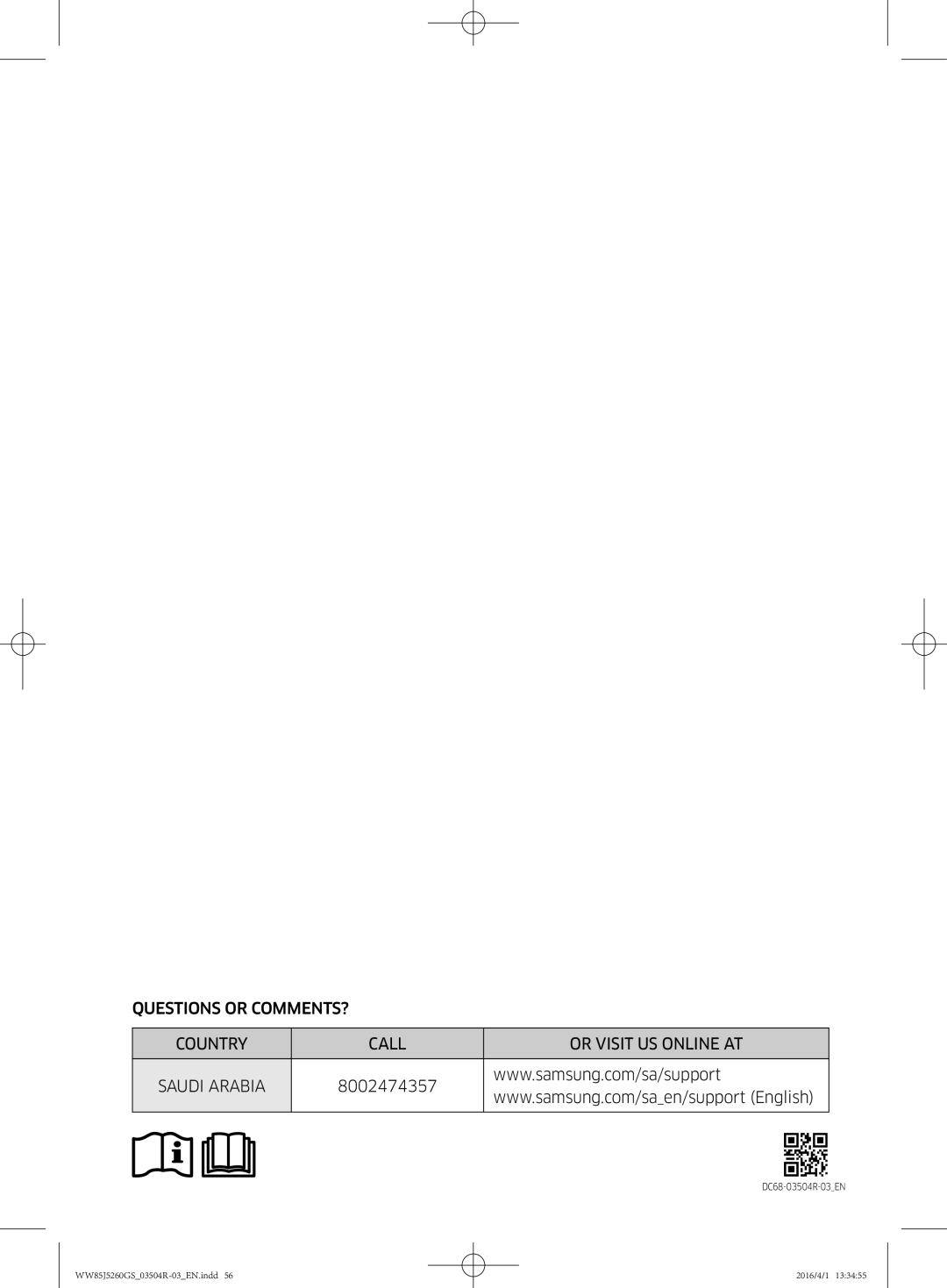 Samsung WW85J5260GS/YL manual Questions or COMMENTS? Country Call Or Visit US Online AT 