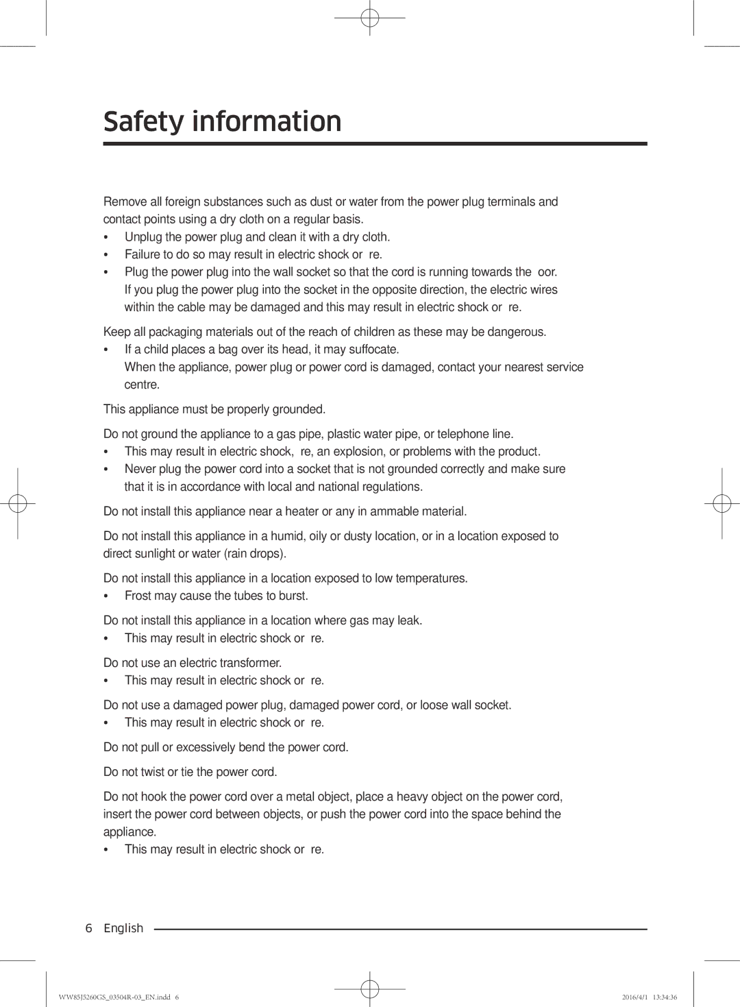 Samsung WW85J5260GS/YL manual Safety information 