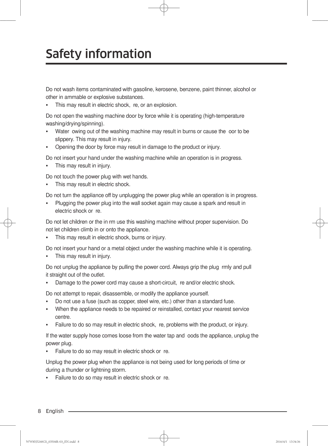 Samsung WW85J5260GS/YL manual Safety information 