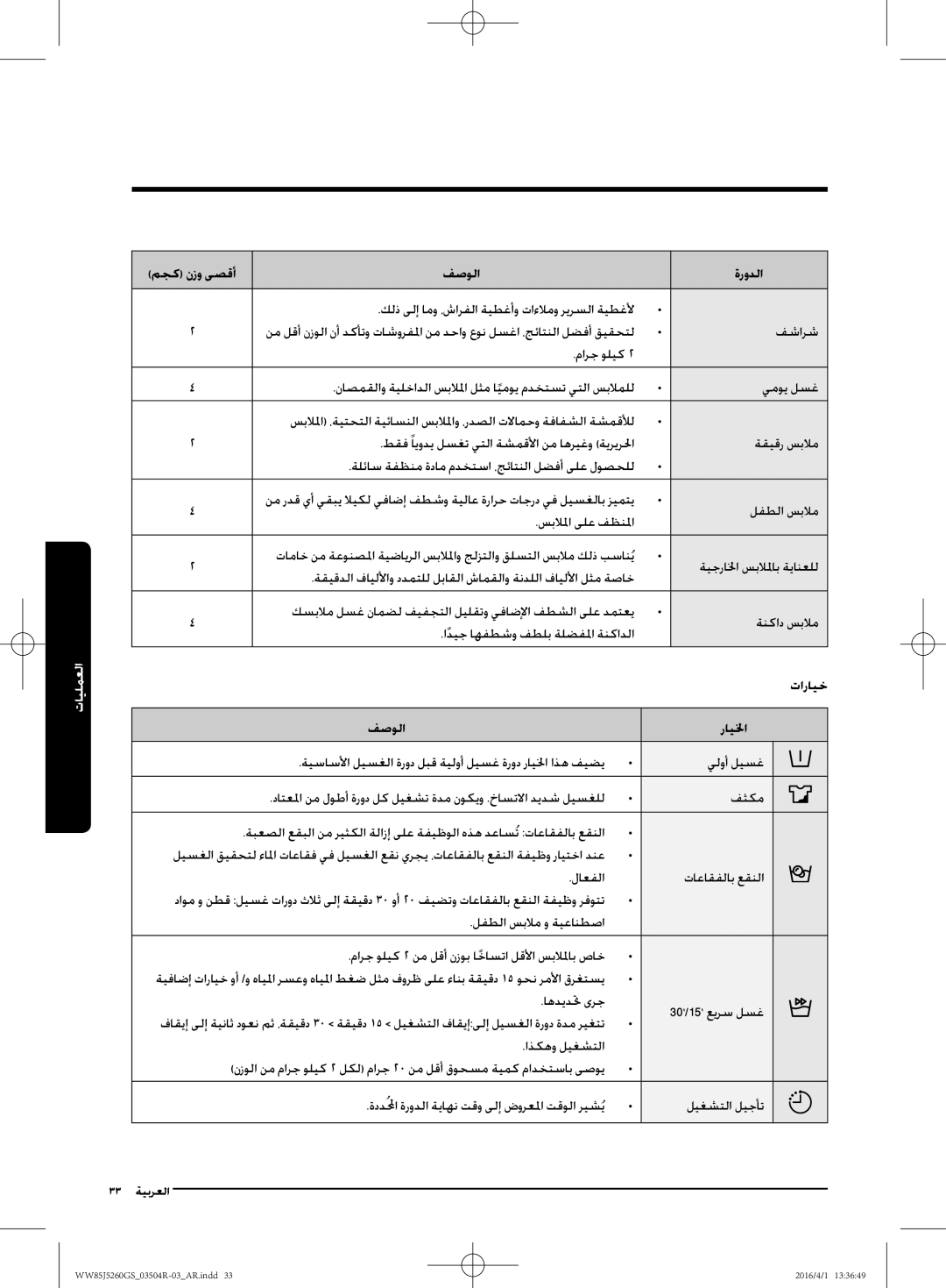 Samsung WW85J5260GS/YL manual تارايخ, فصولا رايلخا 