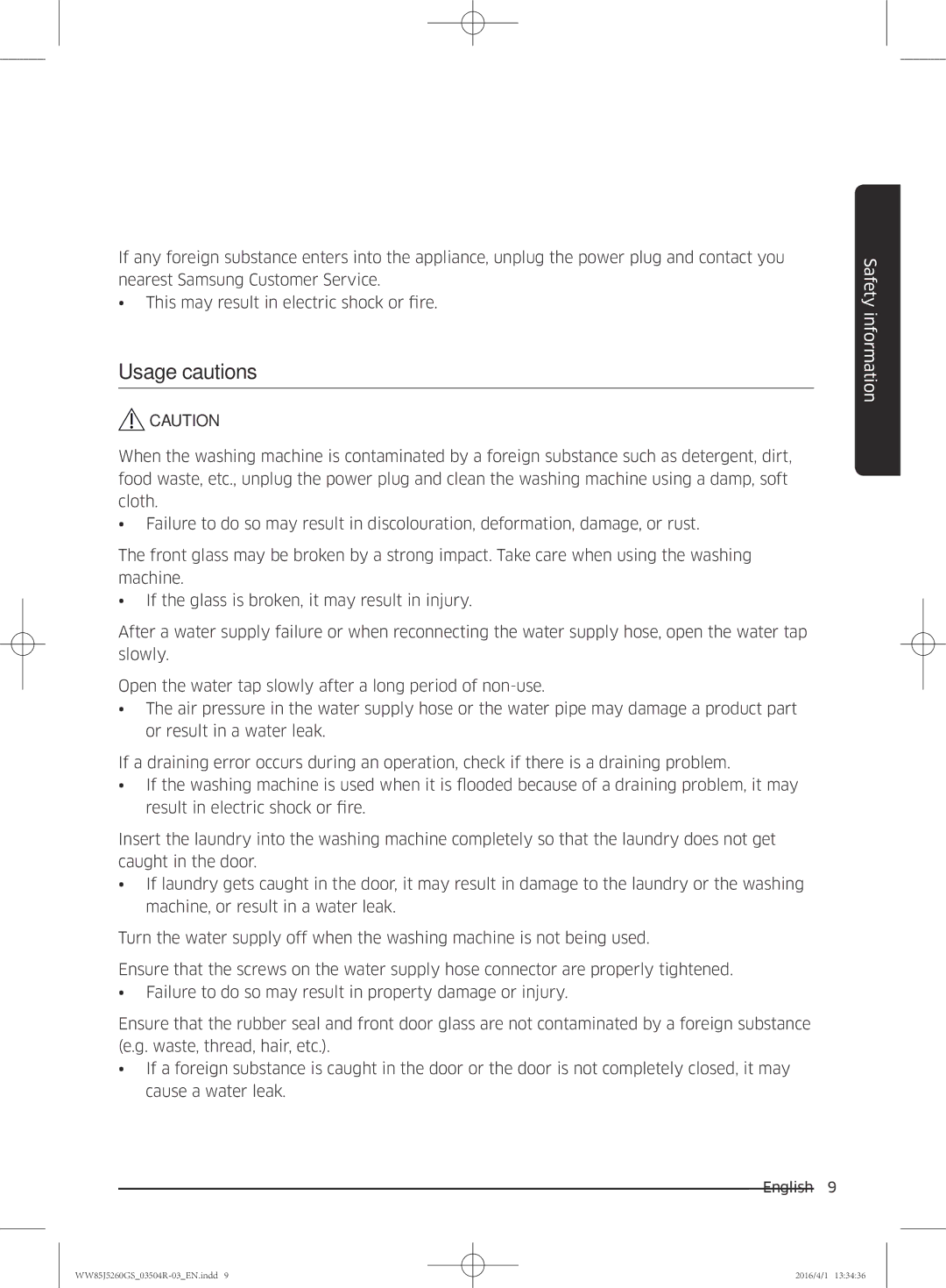 Samsung WW85J5260GS/YL manual Usage cautions 