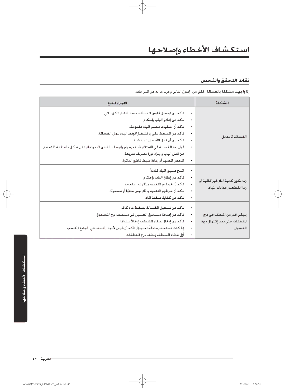 Samsung WW85J5260GS/YL manual اهحلاصإو ءاطخلأا فاشكتسا, صحفلاو ققحتلا طاقن, عبتلما ءارجلإا ةلكشلما 