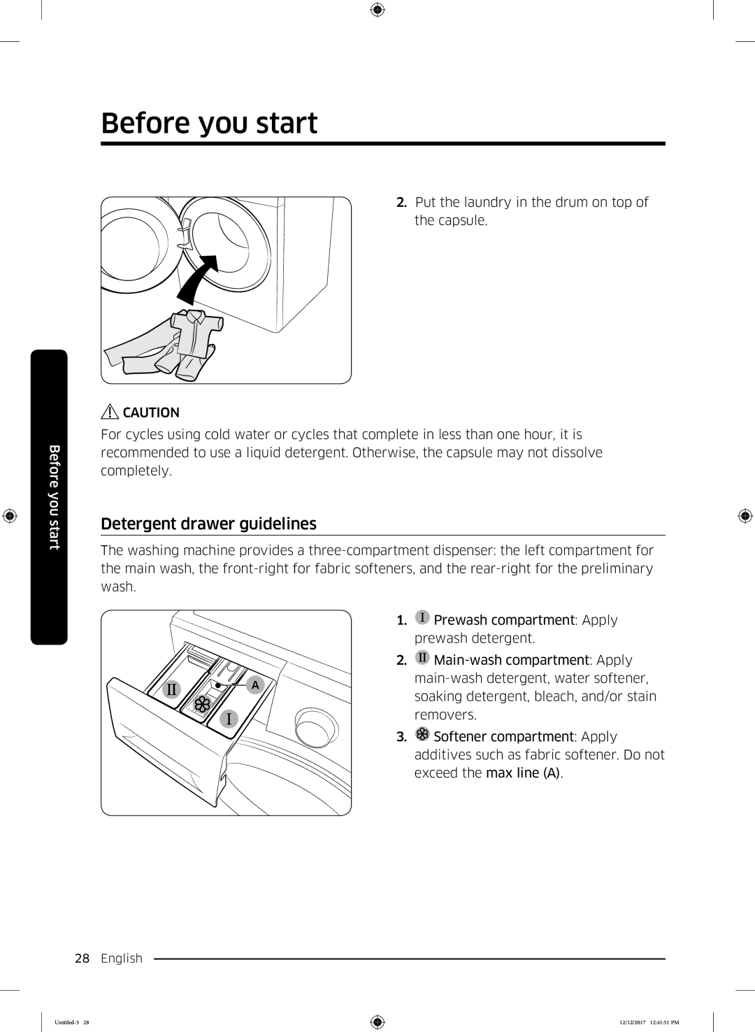 Samsung WW80K52E0WW/SV, WW85K54E0UW/SV, WW85K54E0UX/SV, WW90K52E0WW/SV, WW90K54E0UW/SV manual Detergent drawer guidelines 