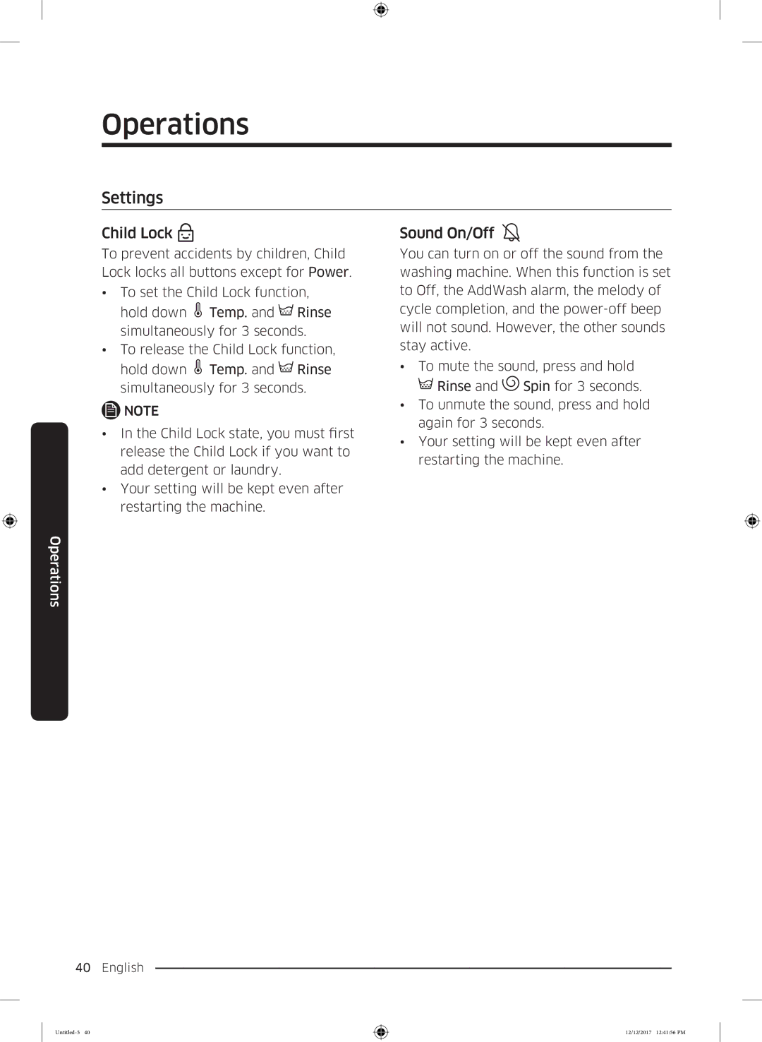 Samsung WW85K54E0UW/SV, WW85K54E0UX/SV, WW90K52E0WW/SV, WW80K52E0WW/SV, WW90K54E0UW/SV Settings, Child Lock, Sound On/Off 