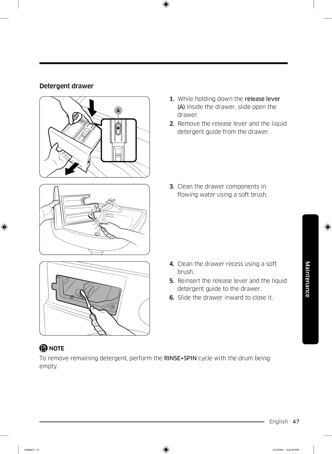 Samsung WW90K52E0WW/SV, WW85K54E0UW/SV, WW85K54E0UX/SV, WW80K52E0WW/SV, WW90K54E0UW/SV manual Detergent drawer 