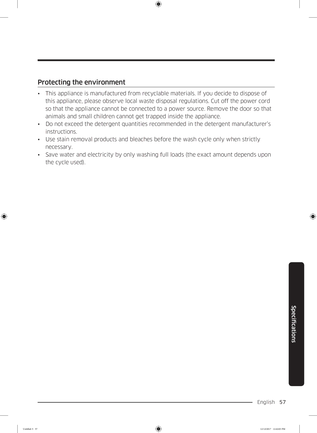 Samsung WW90K52E0WW/SV, WW85K54E0UW/SV, WW85K54E0UX/SV, WW80K52E0WW/SV, WW90K54E0UW/SV manual Protecting the environment 