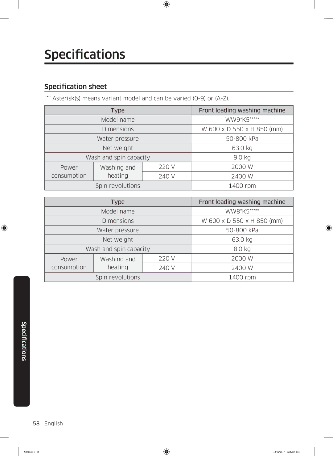 Samsung WW80K52E0WW/SV, WW85K54E0UW/SV, WW85K54E0UX/SV, WW90K52E0WW/SV, WW90K54E0UW/SV manual Specification sheet 