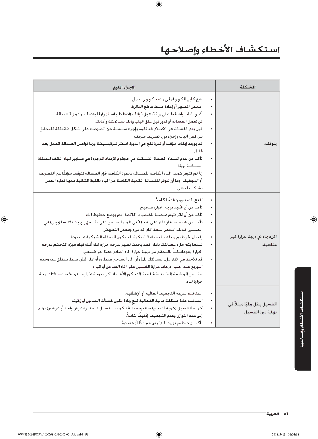 Samsung WW85M64FOPX/YL, WW85M64FOPW/YL manual استكشافو الأخطأاء وإصلاح, ليلق 