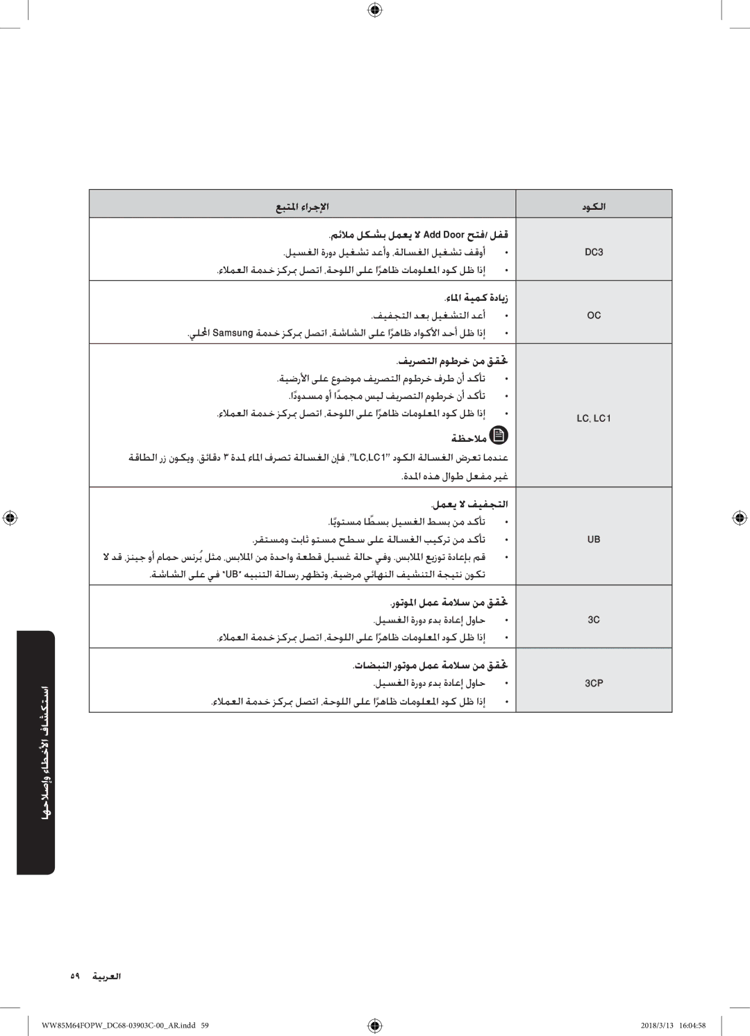 Samsung WW85M64FOPW/YL, WW85M64FOPX/YL manual عبتلما ءارجلإا دوكلا, ءالما ةيمك ةدايز, فيرصتلا موطرخ نم ققتح, لمعي لا فيفجتلا 