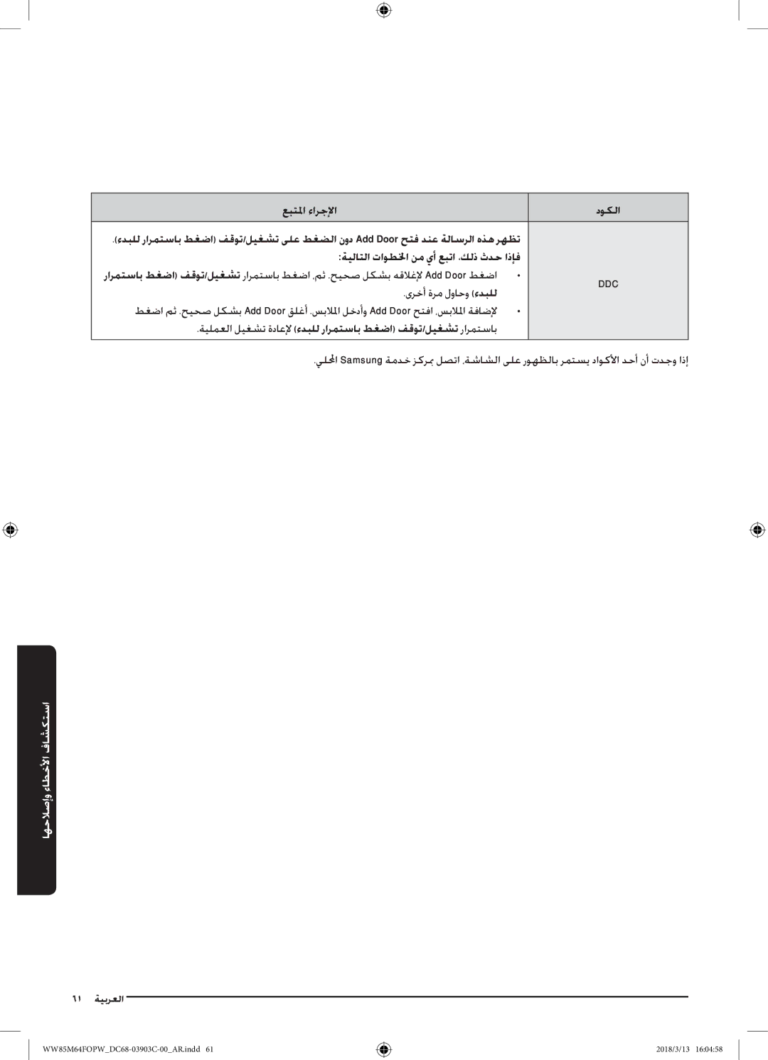 Samsung WW85M64FOPW/YL, WW85M64FOPX/YL manual ةيلاتلا تاوطلخا نم يأ عبتا ،كلذ ثدح اذإف, ىرخأ ةرم لواحو ءدبلل 