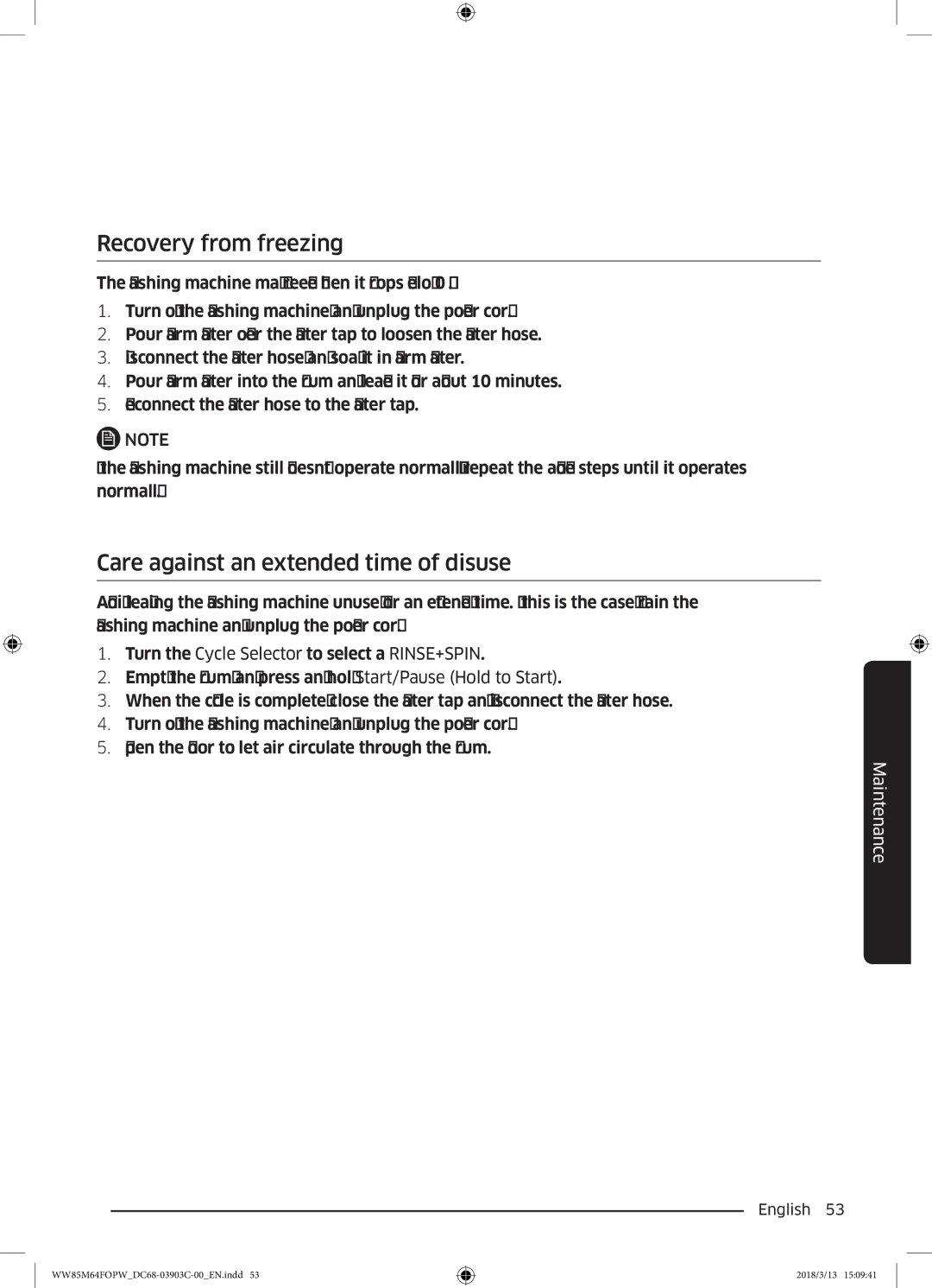 Samsung WW85M64FOPW/YL, WW85M64FOPX/YL manual Recovery from freezing, Care against an extended time of disuse 