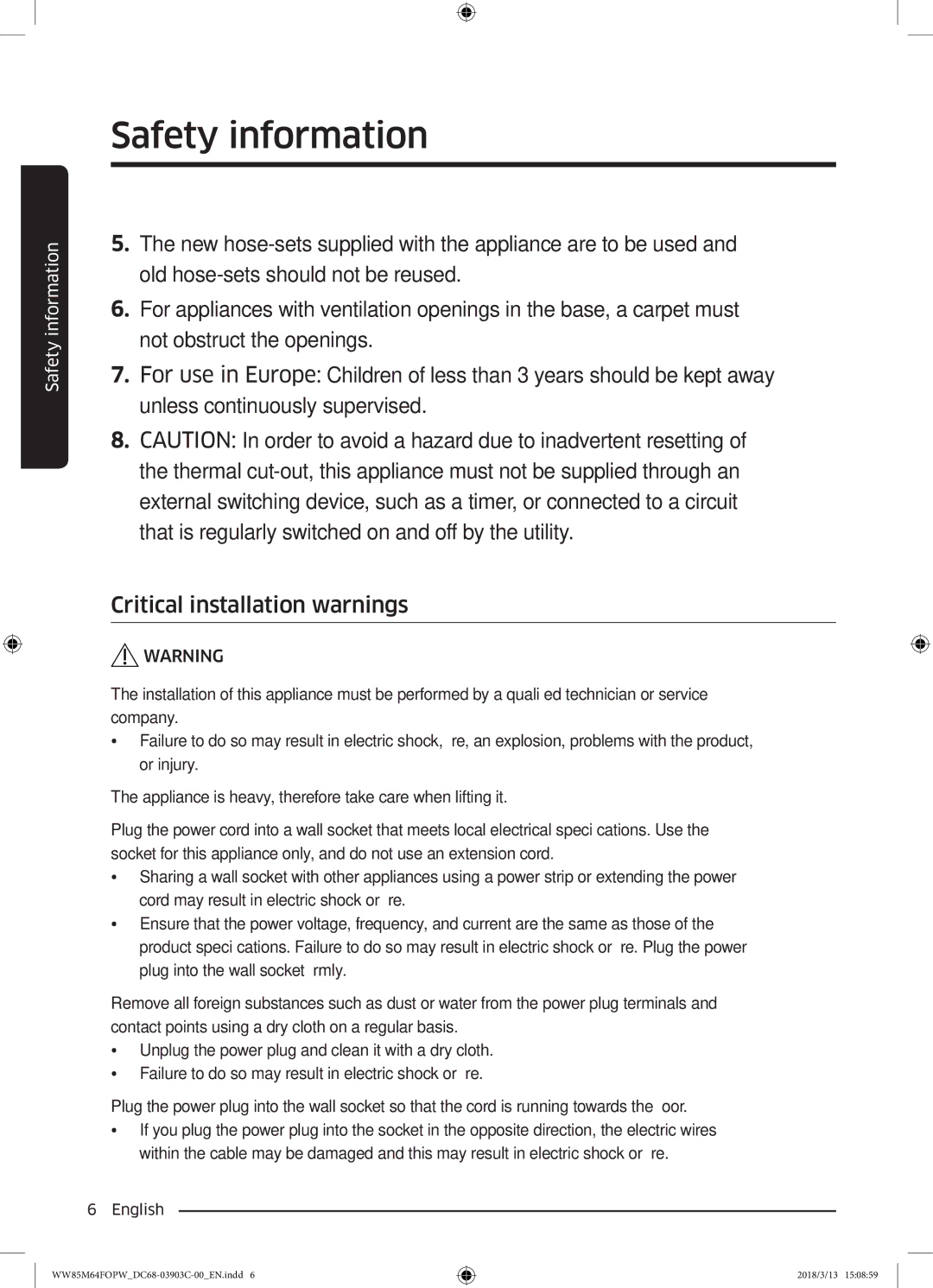 Samsung WW85M64FOPX/YL, WW85M64FOPW/YL manual Safety information 