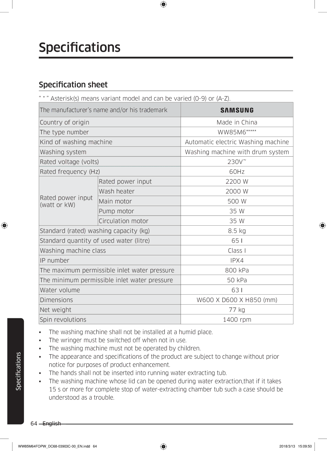 Samsung WW85M64FOPX/YL, WW85M64FOPW/YL manual Specifications, Specification sheet 