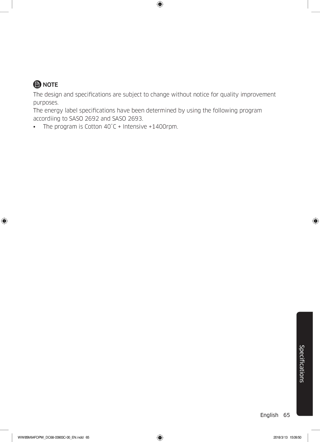 Samsung WW85M64FOPW/YL, WW85M64FOPX/YL manual FicationsSpeci 