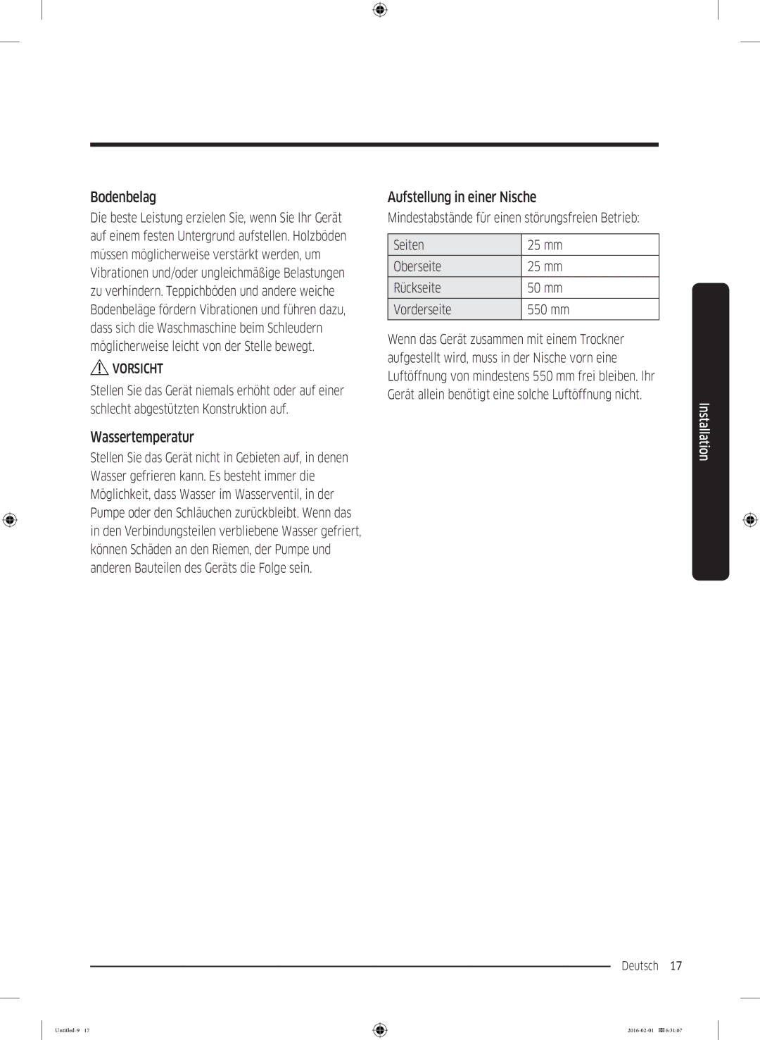 Samsung WW90K5400UW/EG, WW8EK5400UW/EG, WW80K5400UW/EG manual Bodenbelag, Wassertemperatur, Aufstellung in einer Nische 